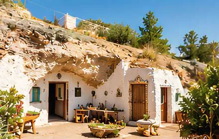 Whitewashed cave homes cut into the rock at Cuevas del Rodeo