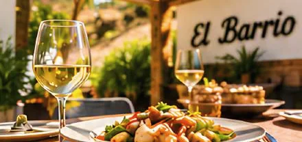 Lunch and a glass of white wine on the terrace at El Barrio