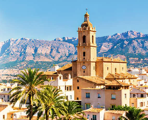 Whitewashed houses and a church tower beneath the mountains of the Costa Blanca